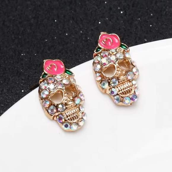 Pink Skull Skeleton Gold Crystal Earrings - Picture 9 of 13